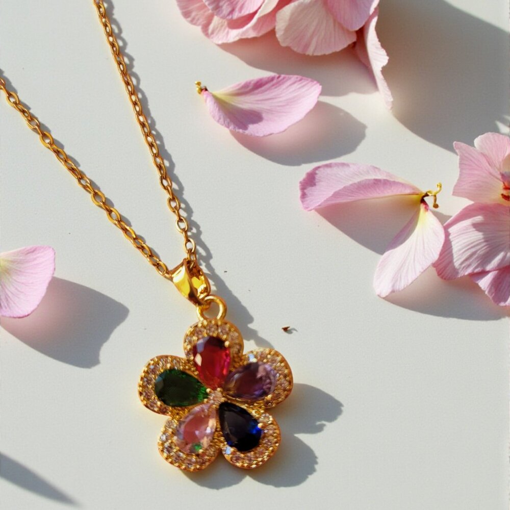 18K Gold Plated Zircon Multi Shade Flower Necklace